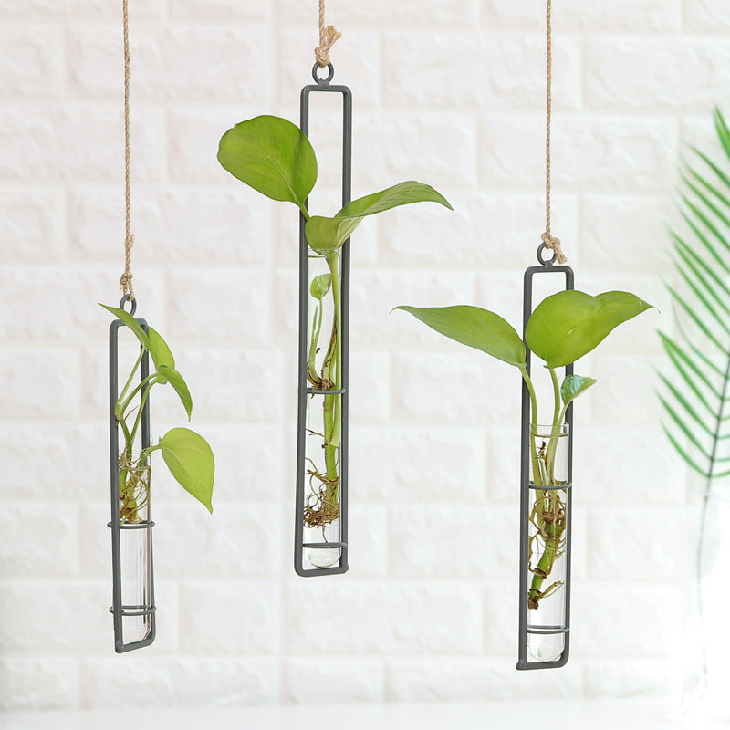 Rustic Hanging Glass Planter with Metal Frame