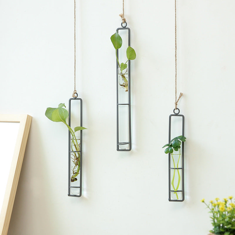 Rustic Hanging Glass Planter with Metal Frame