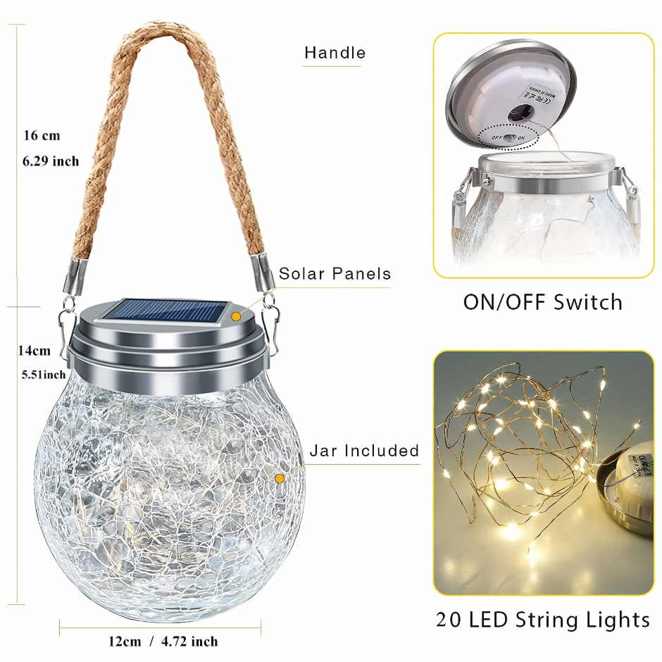 Cracked Glass Mason Jar Hanging Solar Outdoor Light