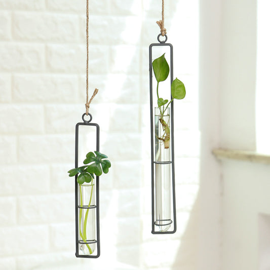 Rustic Hanging Glass Planter with Metal Frame