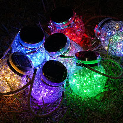 Cracked Glass Mason Jar Hanging Solar Outdoor Light