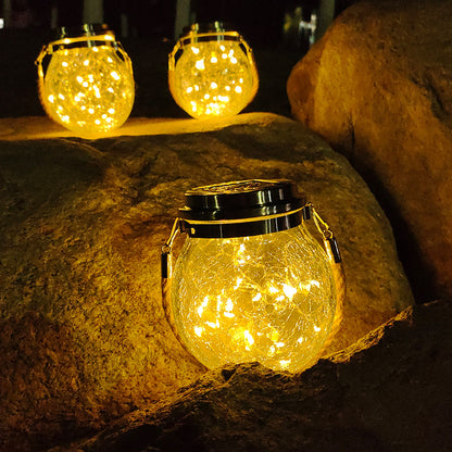 Cracked Glass Mason Jar Hanging Solar Outdoor Light